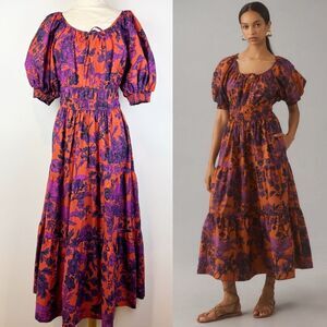 Anthropologie * Somerset Maxi Dress Puff Sleeve Smocked Waist Large Floral Orang
